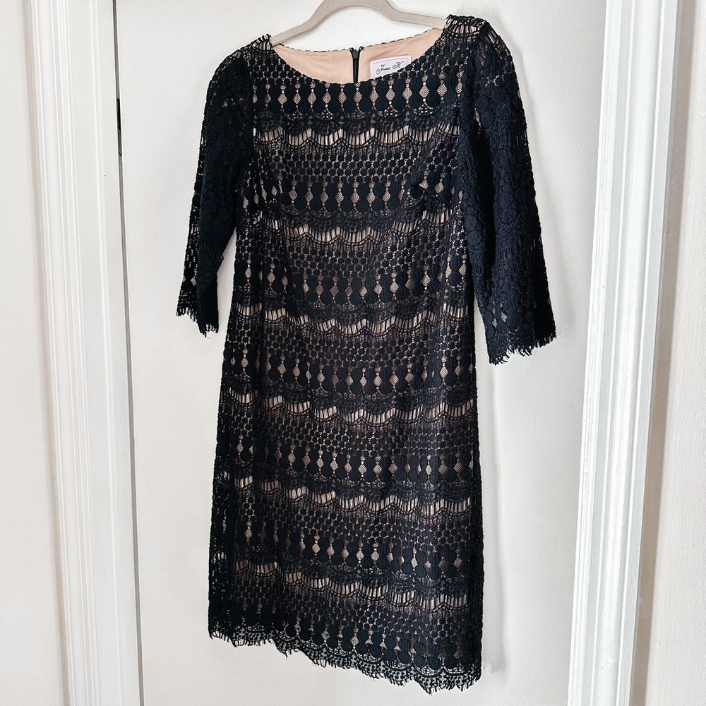 Jessica H. Black Lace 3/4 Sleeve Dress, Size 8P.